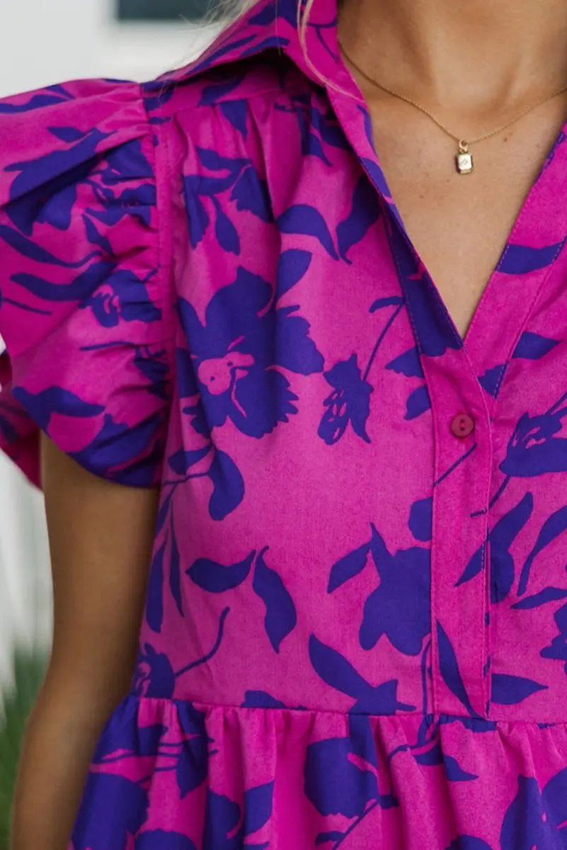 Rose Floral Print Collared Button Neckline Flutter Sleeve Blouse - Love Salve 