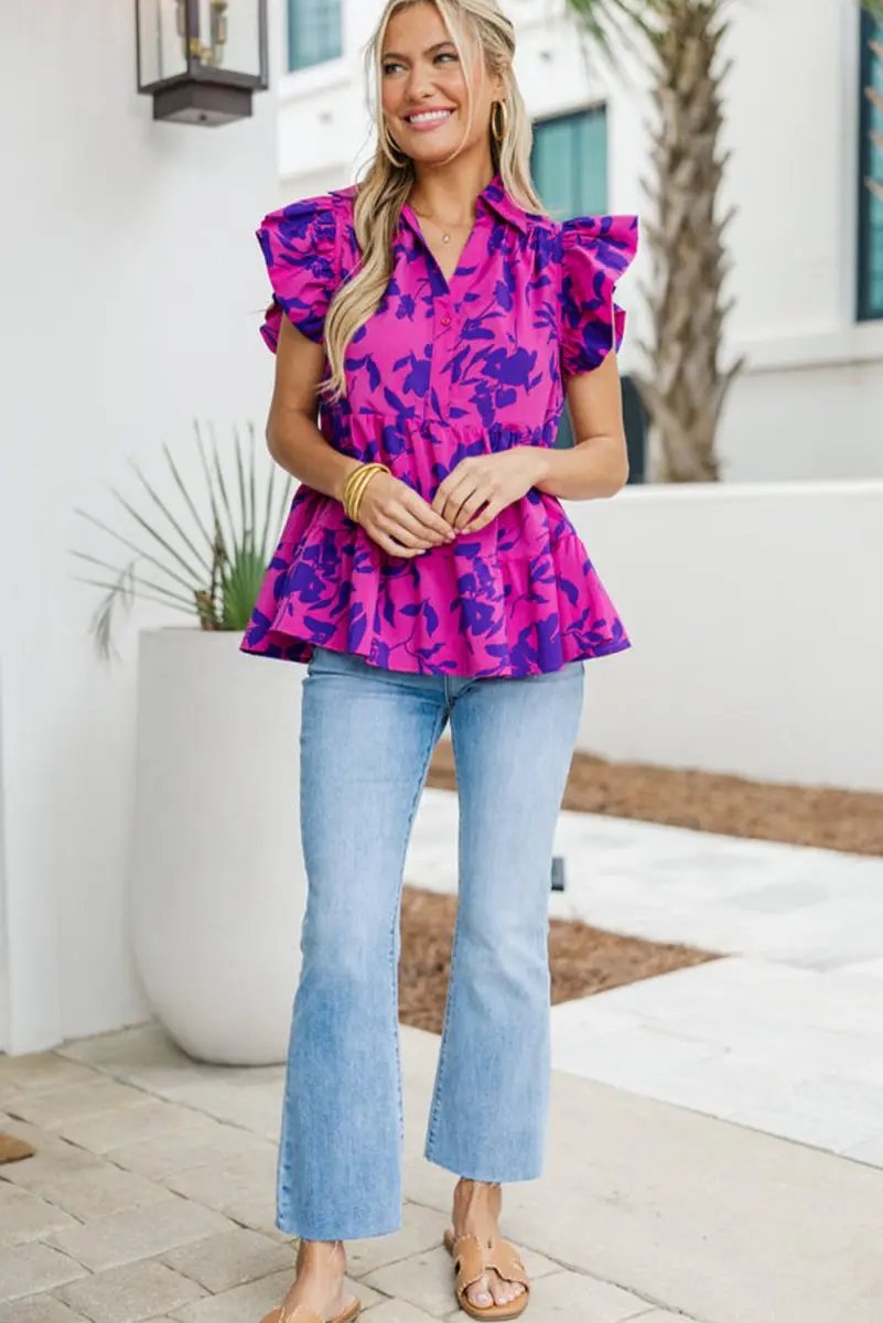 Rose Floral Print Collared Button Neckline Flutter Sleeve Blouse - Love Salve 