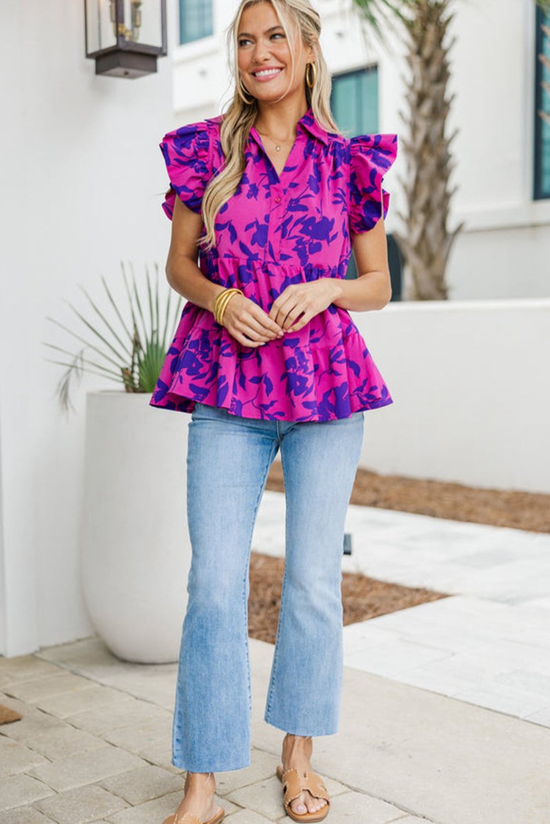 Rose Floral Print Collared Button Neckline Flutter Sleeve Blouse - Love Salve 