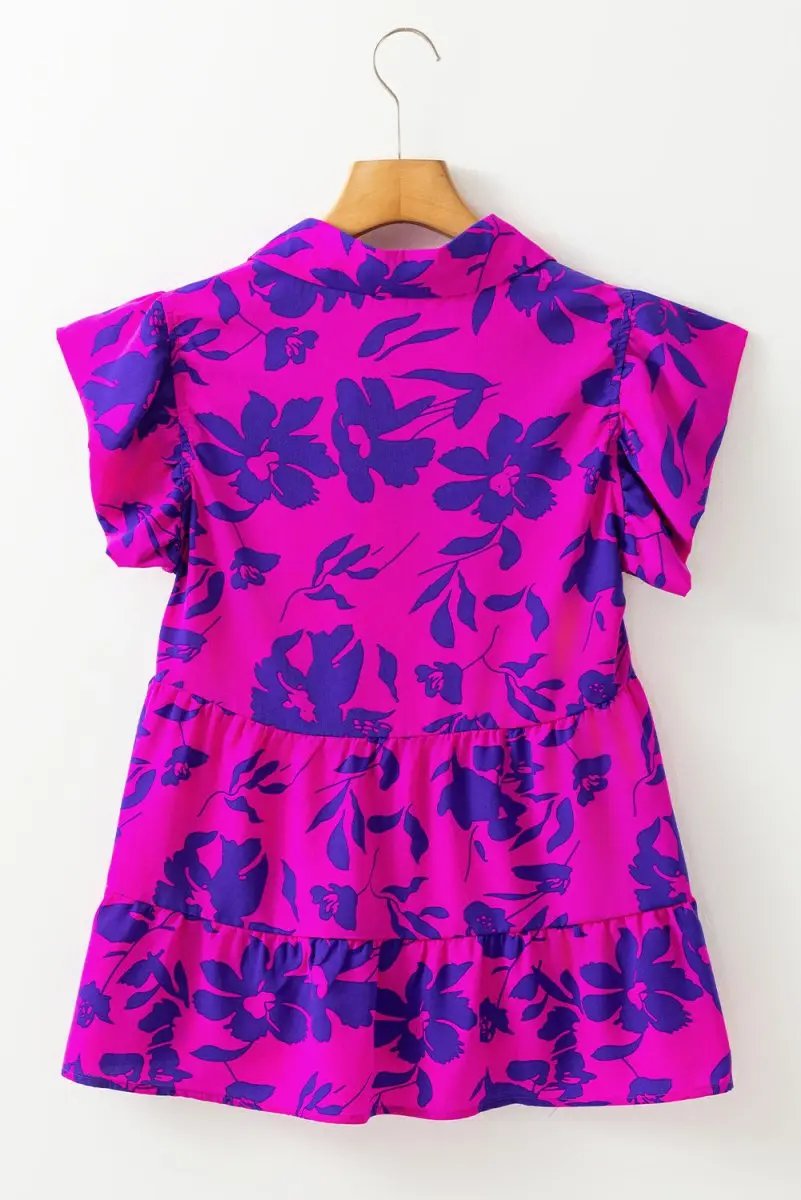 Rose Floral Print Collared Button Neckline Flutter Sleeve Blouse - Love Salve 