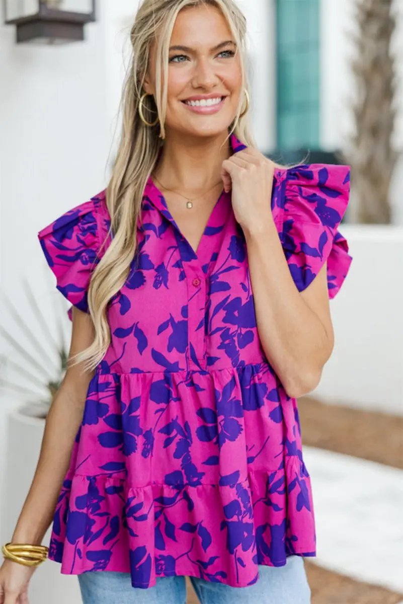 Rose Floral Print Collared Button Neckline Flutter Sleeve Blouse - Love Salve 