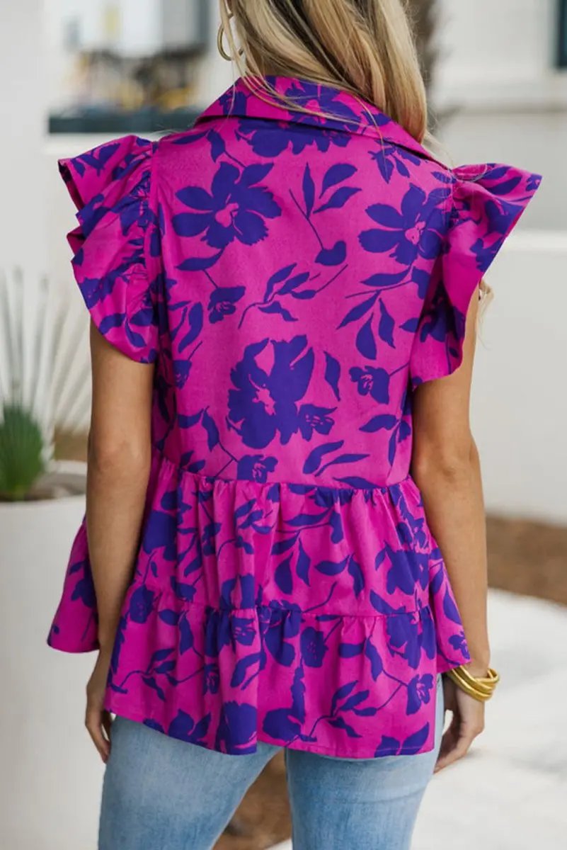 Rose Floral Print Collared Button Neckline Flutter Sleeve Blouse - Love Salve 