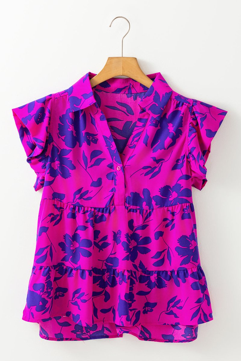 Rose Floral Print Collared Button Neckline Flutter Sleeve Blouse - Love Salve 