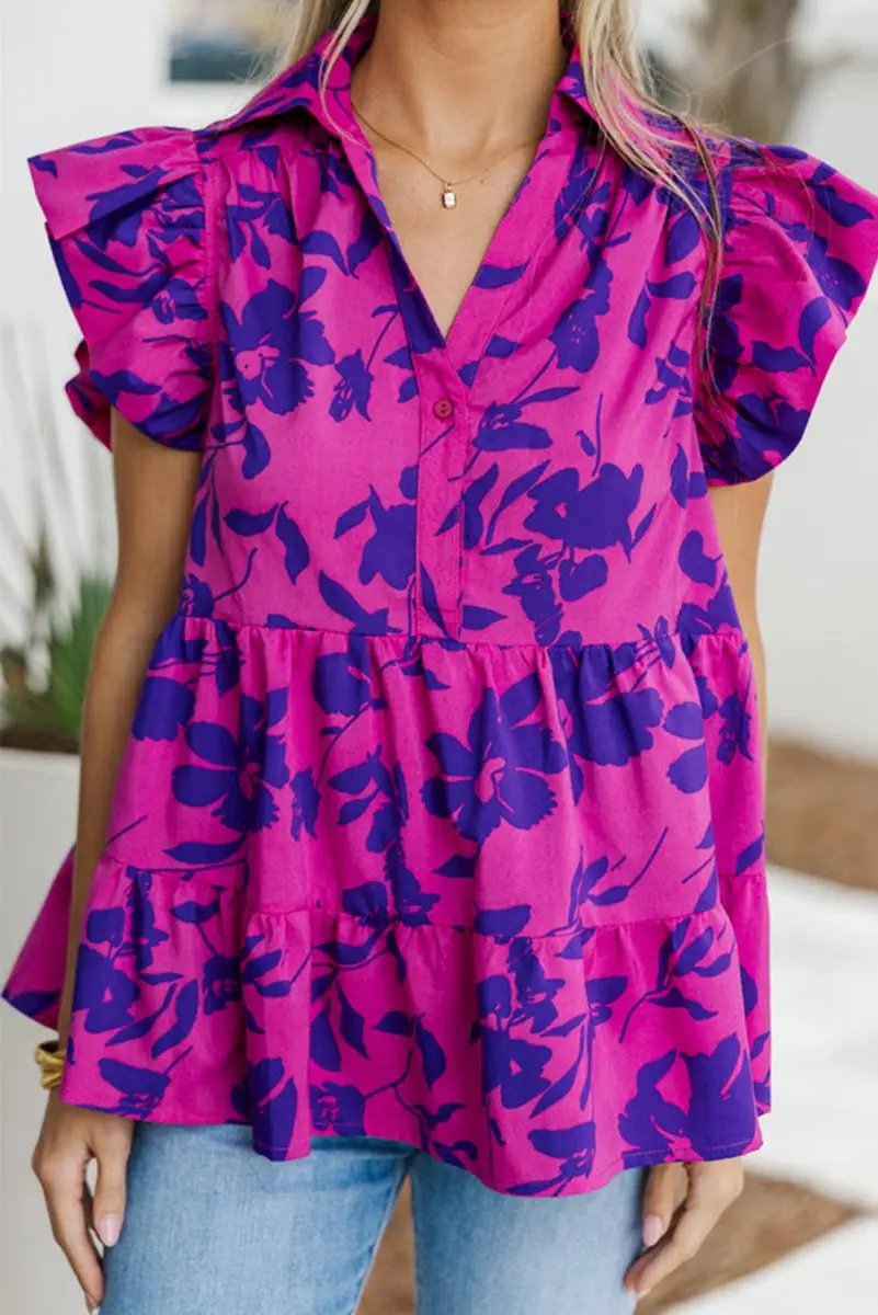 Rose Floral Print Collared Button Neckline Flutter Sleeve Blouse - Love Salve 