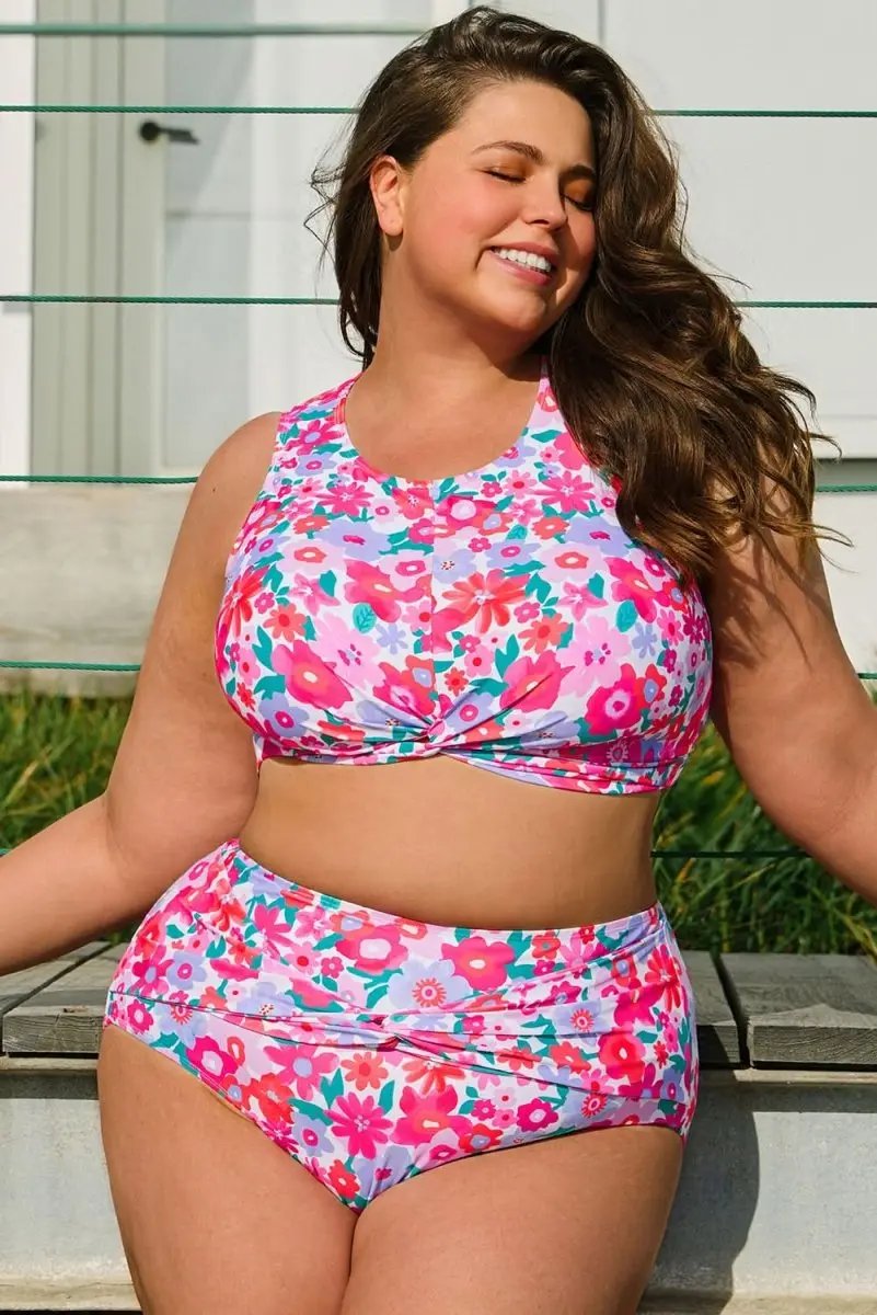 Rose Floral Print Plus Size High Waist Twisted Bikini Set - Love Salve 