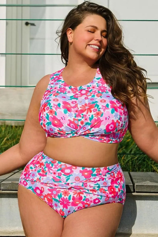 Rose Floral Print Plus Size High Waist Twisted Bikini Set - Love Salve 