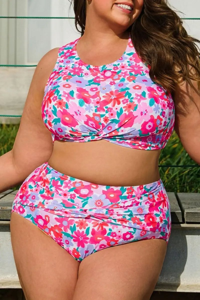 Rose Floral Print Plus Size High Waist Twisted Bikini Set - Love Salve 