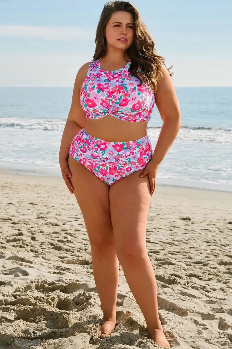 Rose Floral Print Plus Size High Waist Twisted Bikini Set - Love Salve 