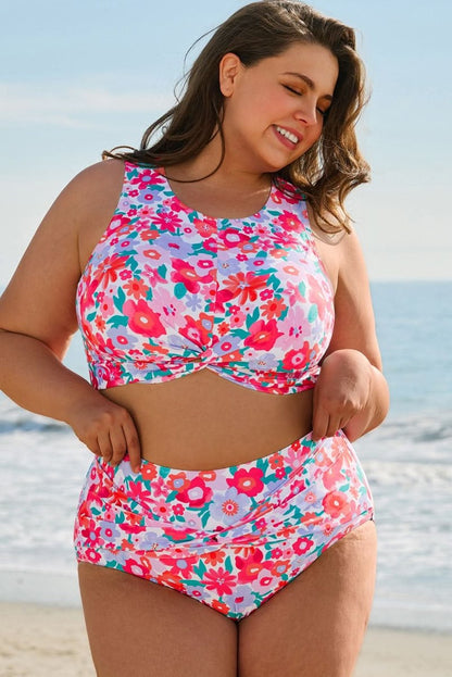 Rose Floral Print Plus Size High Waist Twisted Bikini Set - Love Salve 