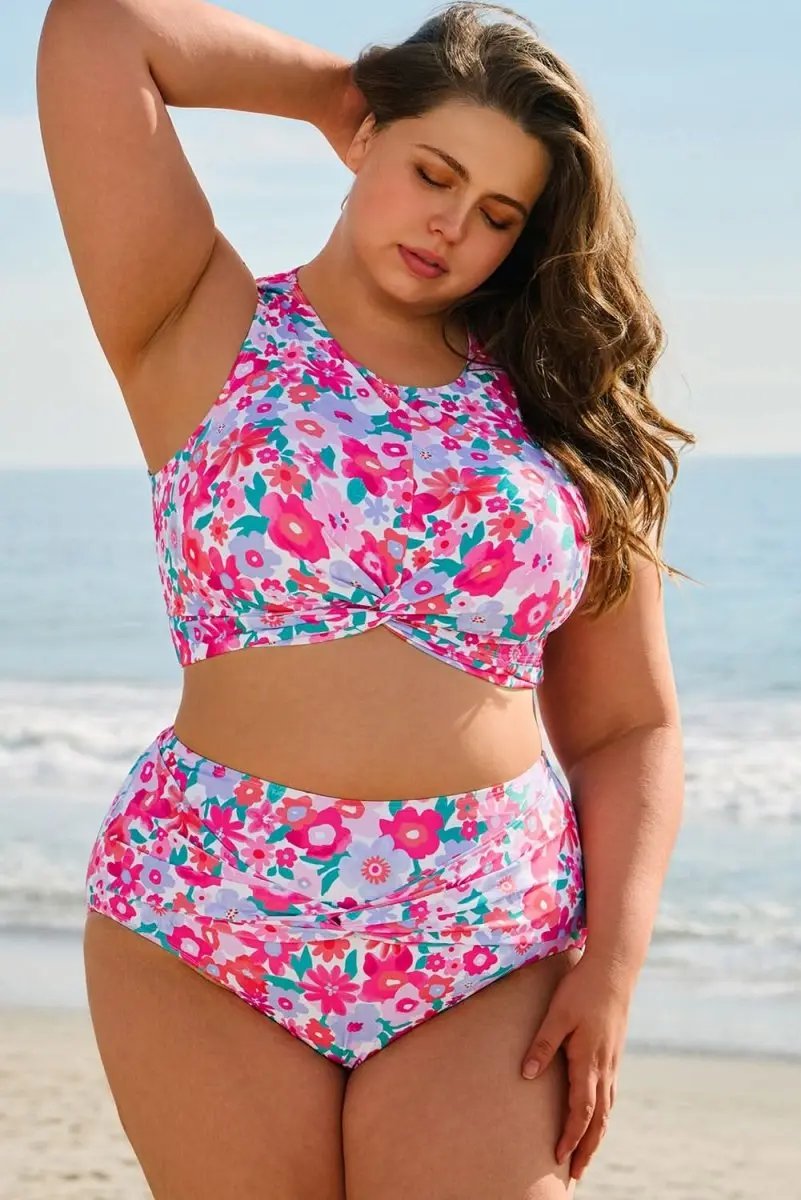 Rose Floral Print Plus Size High Waist Twisted Bikini Set - Love Salve 