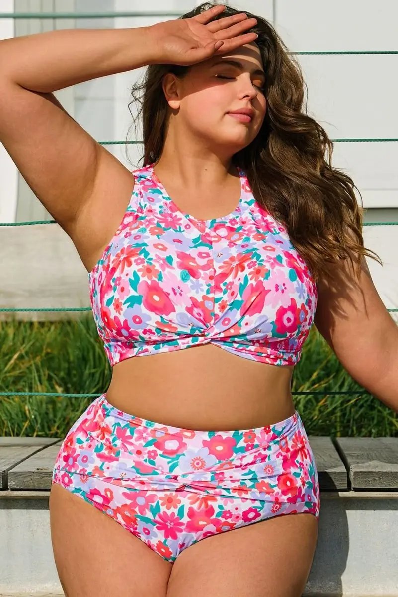Rose Floral Print Plus Size High Waist Twisted Bikini Set - Love Salve 