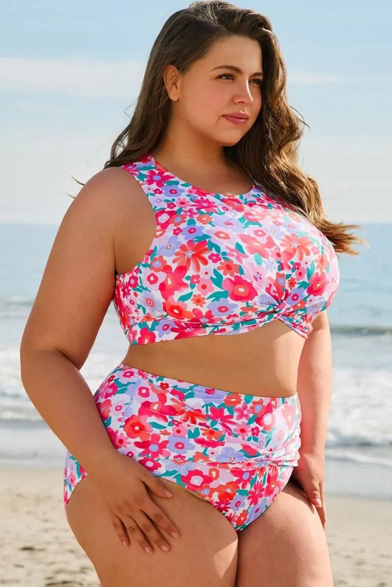 Rose Floral Print Plus Size High Waist Twisted Bikini Set - Love Salve 