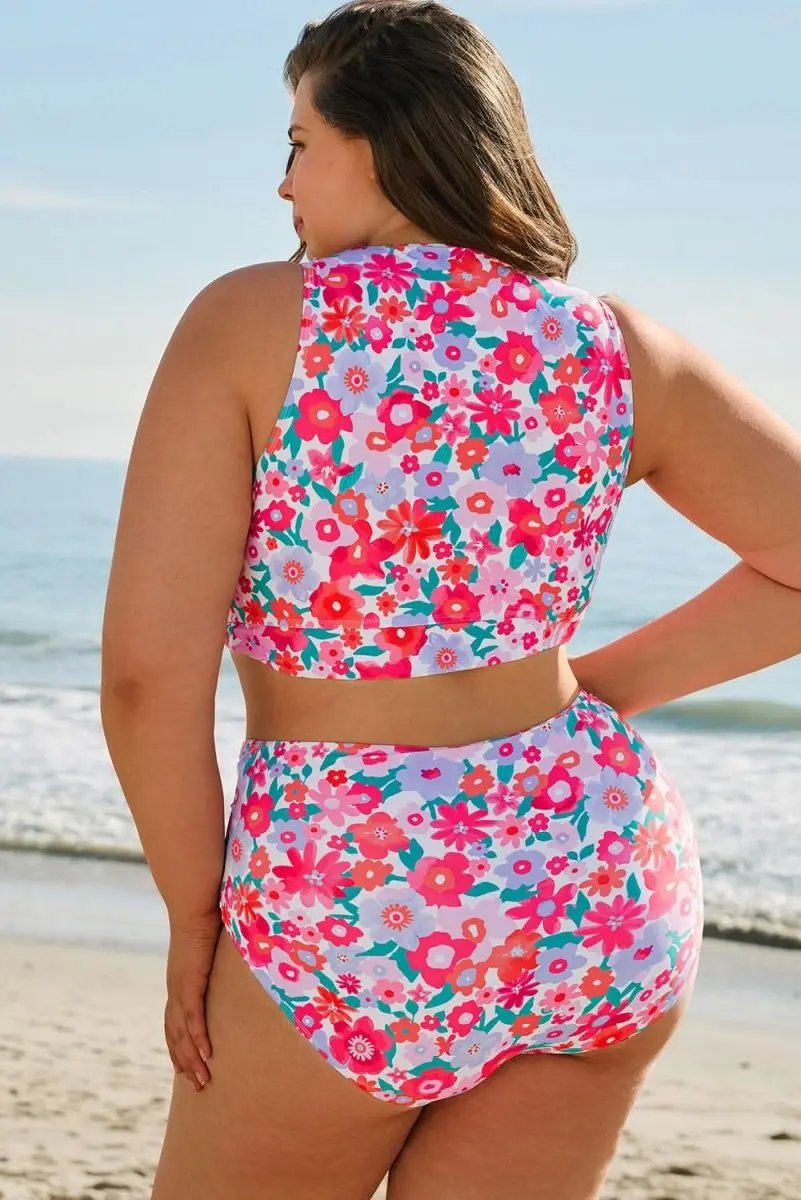 Rose Floral Print Plus Size High Waist Twisted Bikini Set - Love Salve 