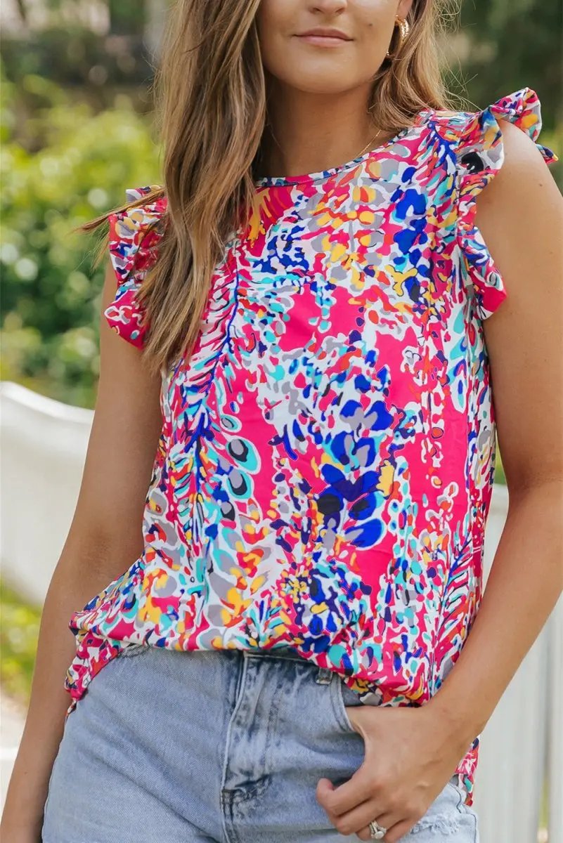 Rose Floral Print Tank Top with Ruffles Casual Sleeveless Summer Top - Love Salve 