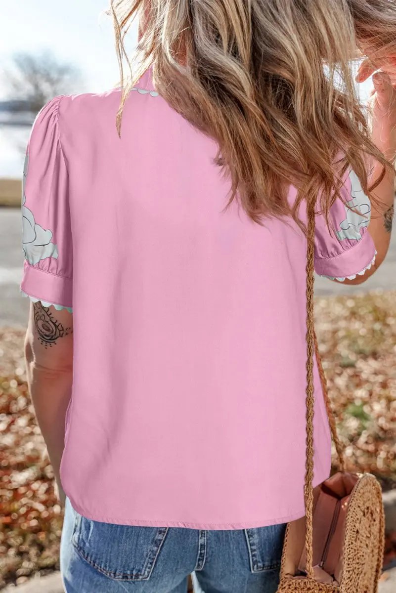 Rose Floral Ric Rac Edge Puff Sleeve Button Up Shirt - Love Salve 