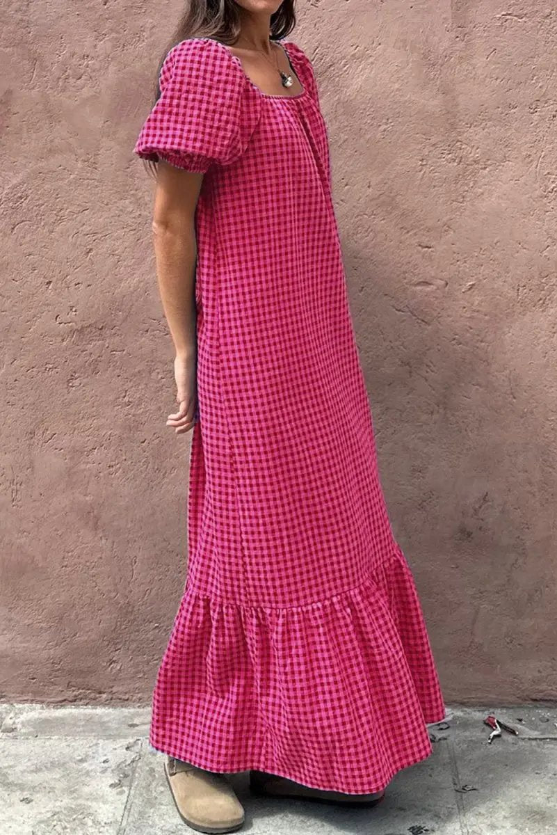 Rose Ginham Check Bubble Sleeve Ruffled Maxi Dress for Women - Love Salve 