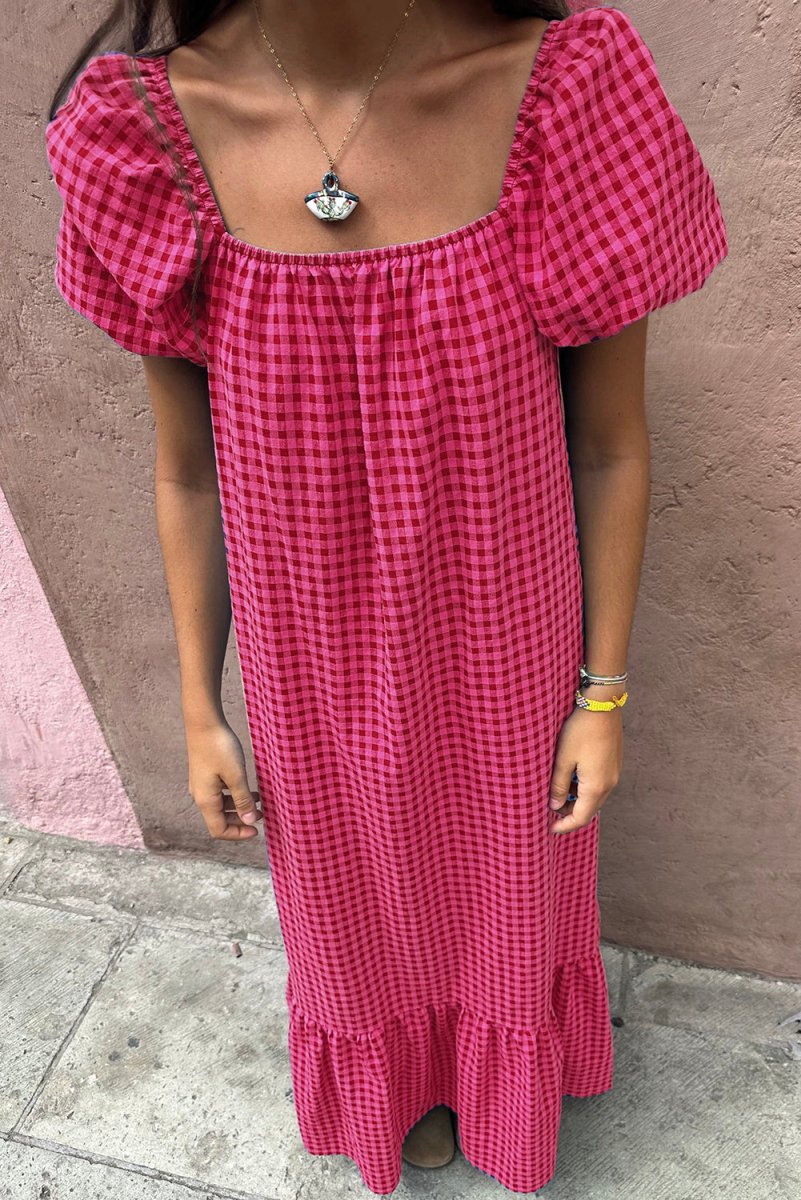 Rose Ginham Check Bubble Sleeve Ruffled Maxi Dress for Women - Love Salve 