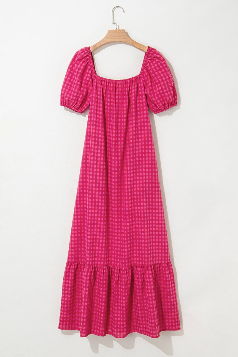 Rose Ginham Check Bubble Sleeve Ruffled Maxi Dress for Women - Love Salve 