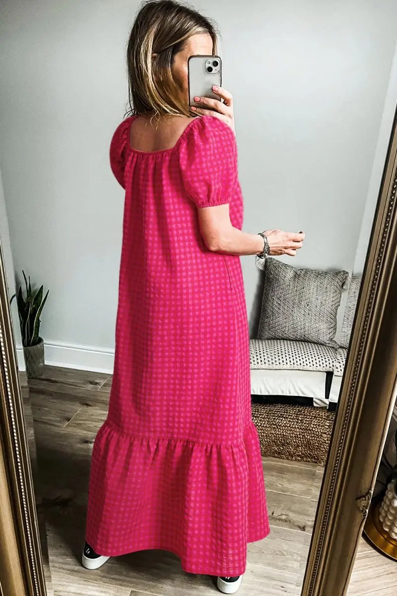 Rose Ginham Check Bubble Sleeve Ruffled Maxi Dress for Women - Love Salve 