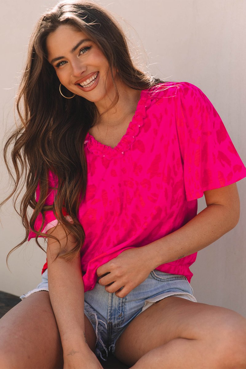 Rose Leopard Frilly V Neck Short Sleeve Blouse for Women - Love Salve 