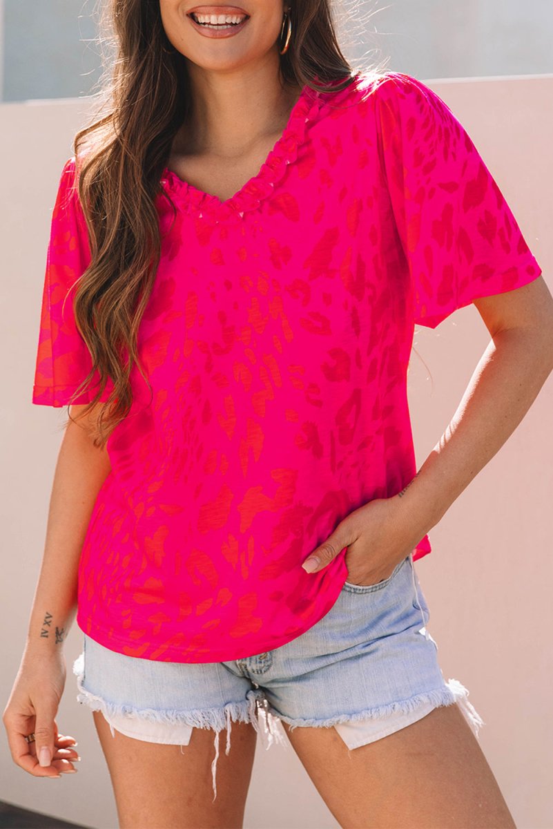 Rose Leopard Frilly V Neck Short Sleeve Blouse for Women - Love Salve 