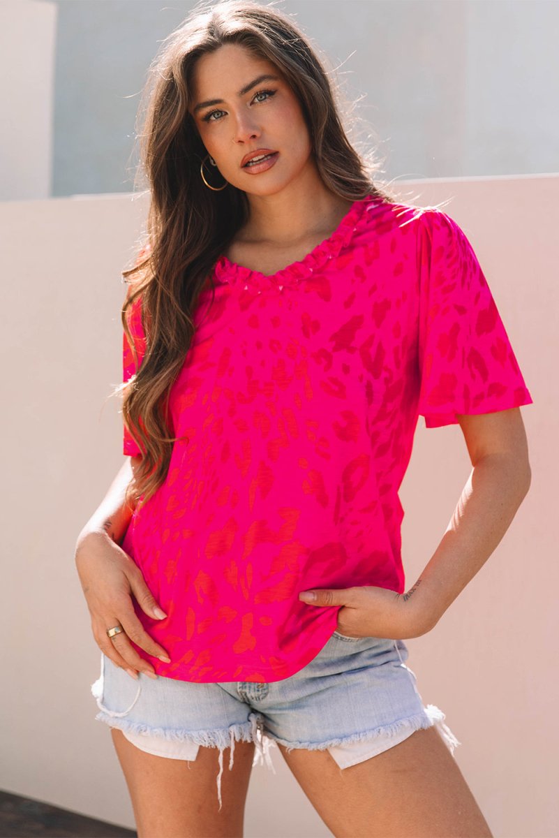 Rose Leopard Frilly V Neck Short Sleeve Blouse for Women - Love Salve 