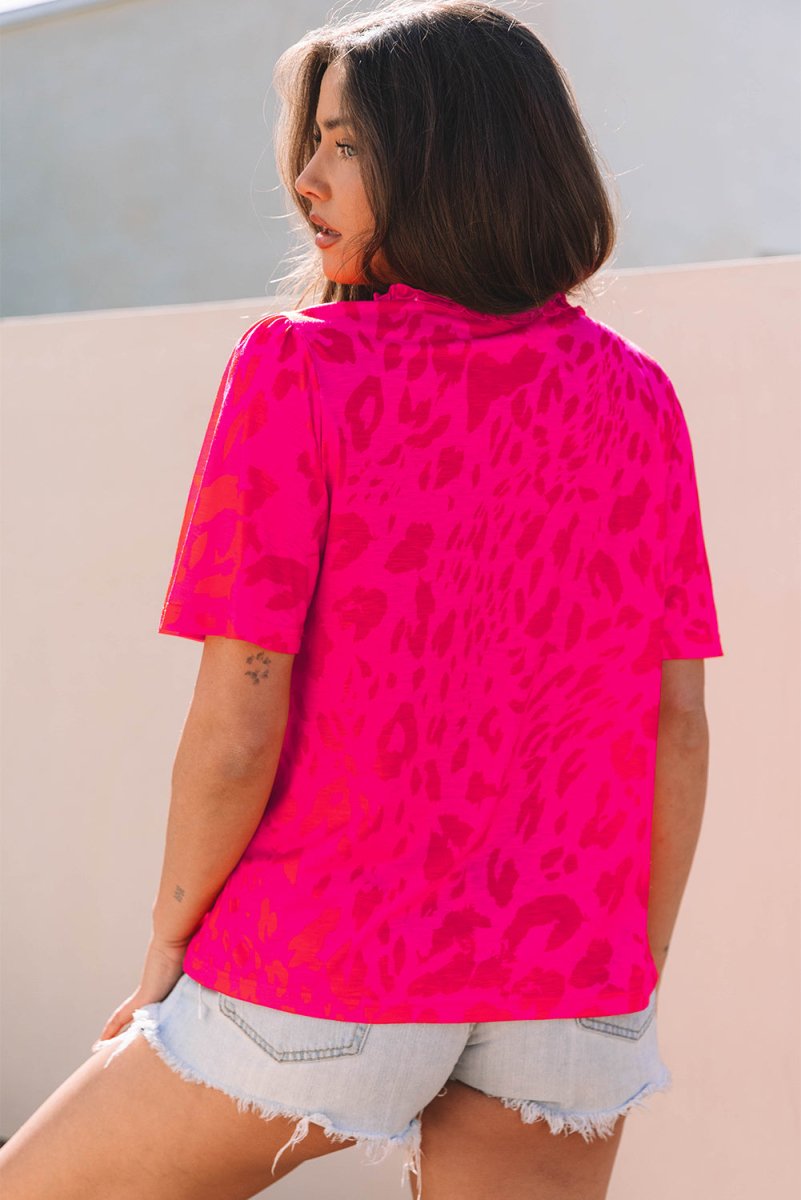 Rose Leopard Frilly V Neck Short Sleeve Blouse for Women - Love Salve 