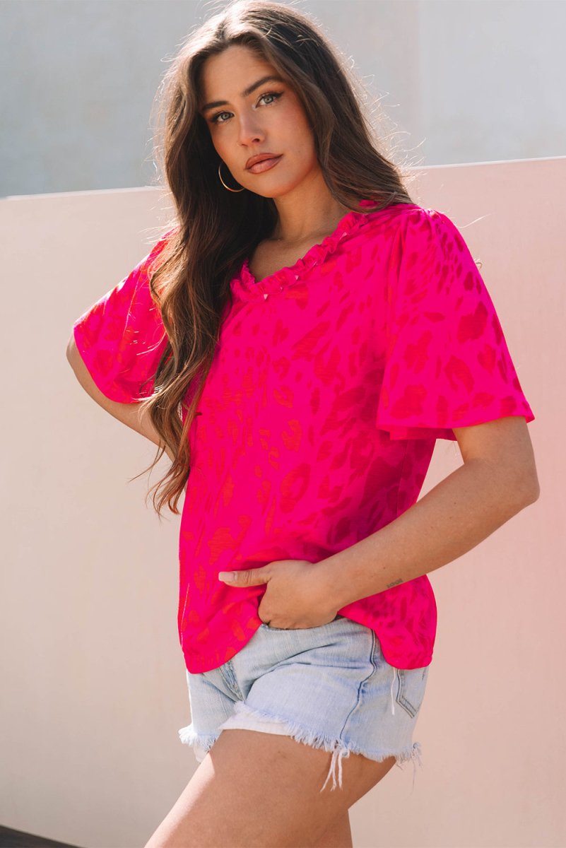 Rose Leopard Frilly V Neck Short Sleeve Blouse for Women - Love Salve 