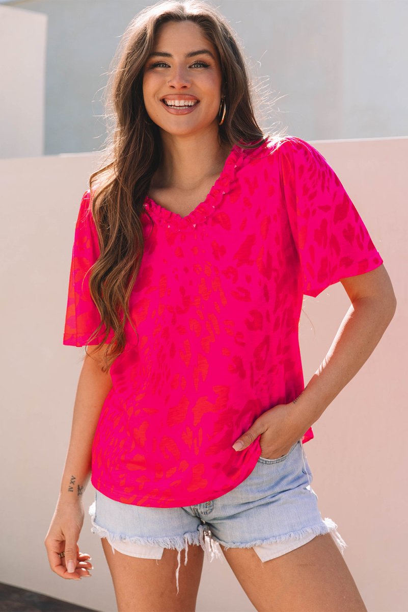 Rose Leopard Frilly V Neck Short Sleeve Blouse for Women - Love Salve 