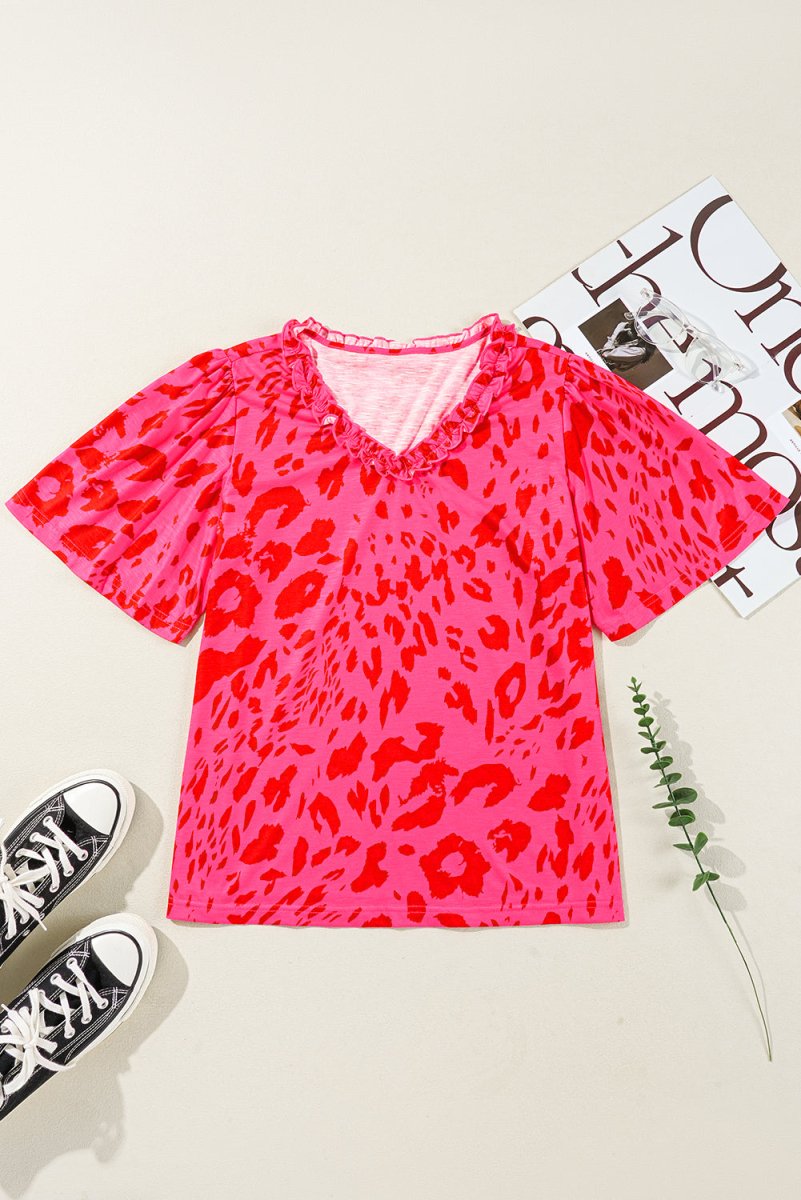 Rose Leopard Frilly V Neck Short Sleeve Blouse for Women - Love Salve 