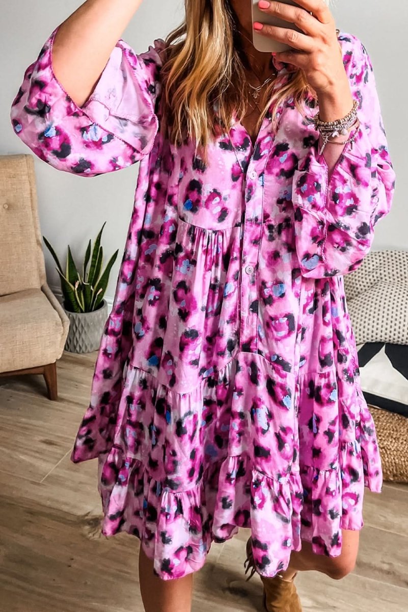 Rose Leopard Print Buttoned Front 3/4 Sleeve Tiered Ruffled Hem Dress - Love Salve 