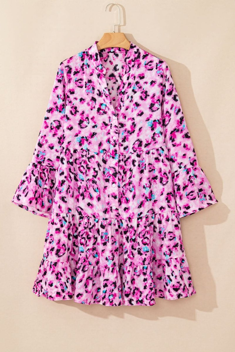 Rose Leopard Print Buttoned Front 3/4 Sleeve Tiered Ruffled Hem Dress - Love Salve 
