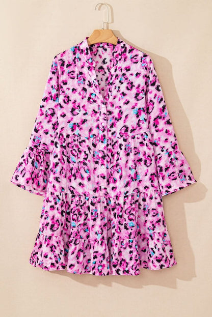 Rose Leopard Print Buttoned Front 3/4 Sleeve Tiered Ruffled Hem Dress - Love Salve 