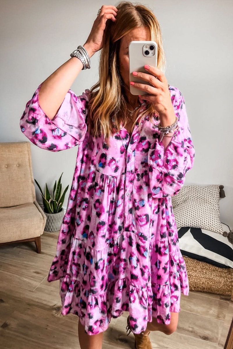Rose Leopard Print Buttoned Front 3/4 Sleeve Tiered Ruffled Hem Dress - Love Salve 