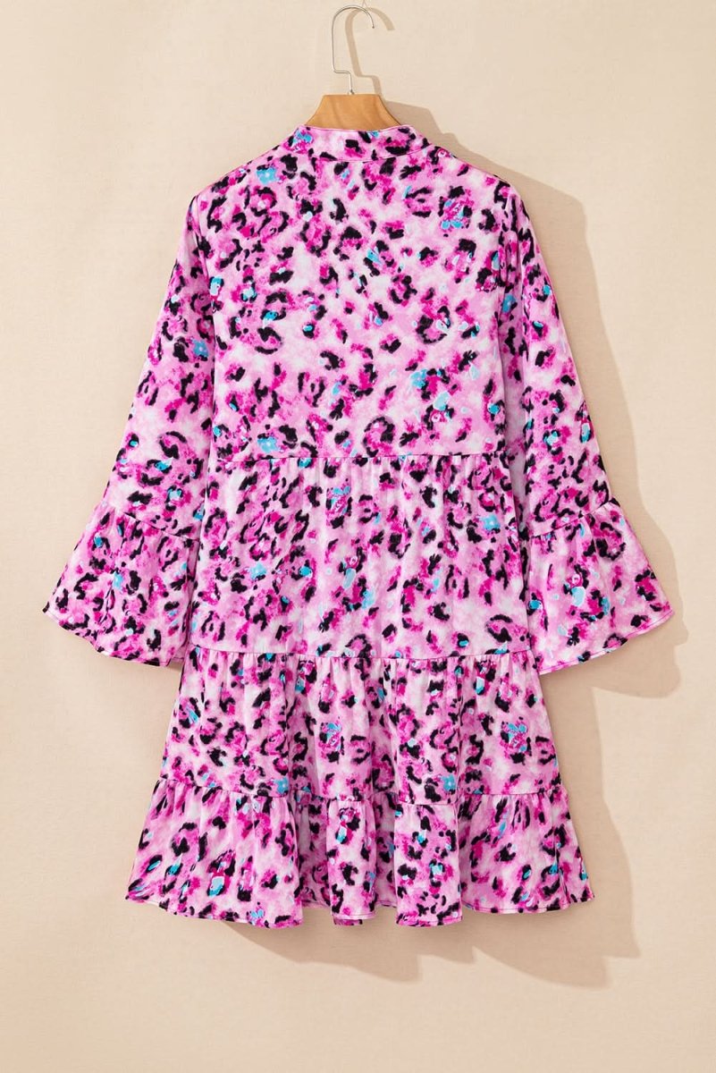 Rose Leopard Print Buttoned Front 3/4 Sleeve Tiered Ruffled Hem Dress - Love Salve 