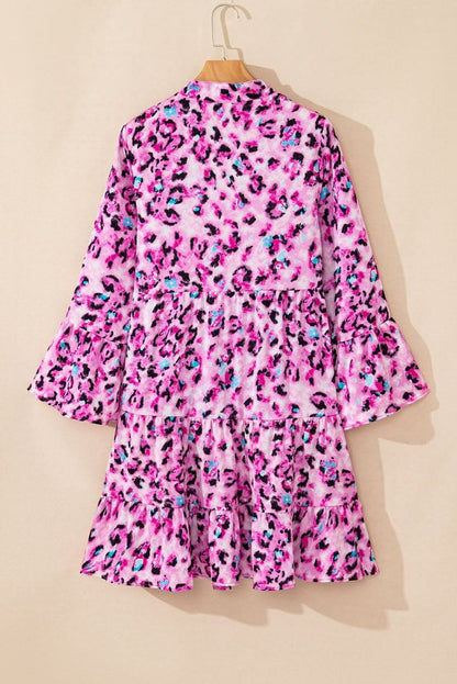 Rose Leopard Print Buttoned Front 3/4 Sleeve Tiered Ruffled Hem Dress - Love Salve 