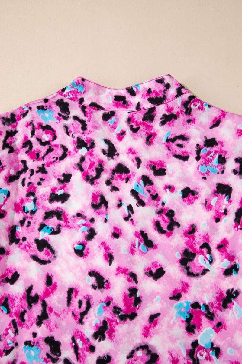 Rose Leopard Print Buttoned Front 3/4 Sleeve Tiered Ruffled Hem Dress - Love Salve 