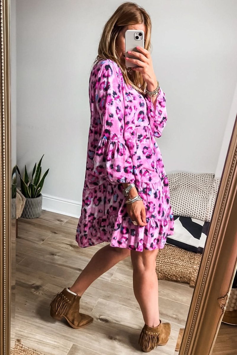 Rose Leopard Print Buttoned Front 3/4 Sleeve Tiered Ruffled Hem Dress - Love Salve 
