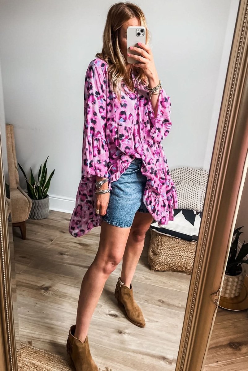 Rose Leopard Print Buttoned Front 3/4 Sleeve Tiered Ruffled Hem Dress - Love Salve 