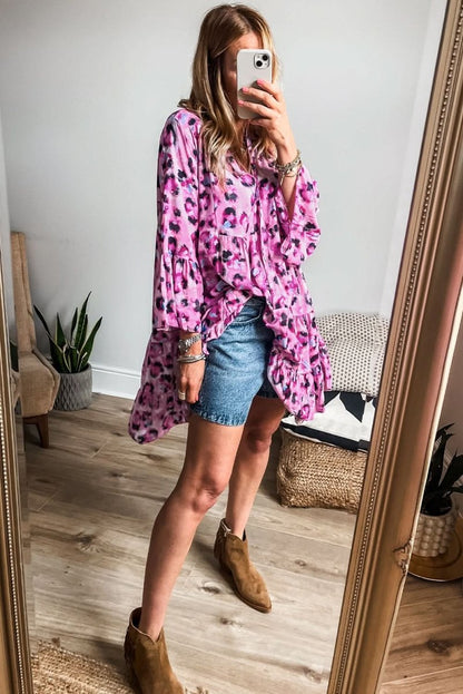 Rose Leopard Print Buttoned Front 3/4 Sleeve Tiered Ruffled Hem Dress - Love Salve 