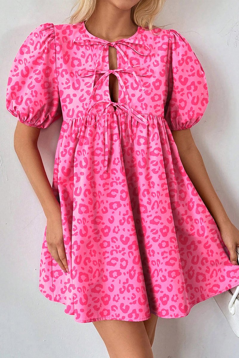 Rose Leopard Puff Sleeve Tie Front High Waist Mini Dress - Love Salve 