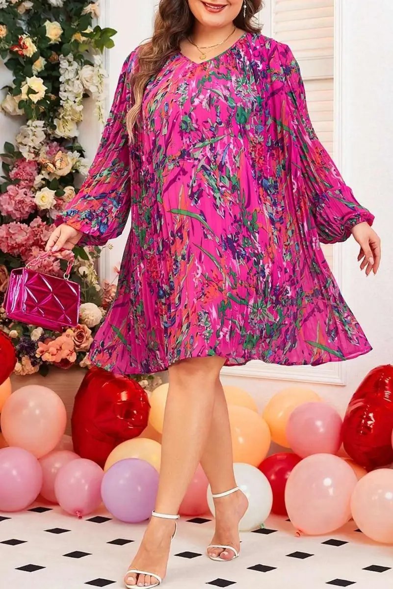 Rose Plus Size Abstract Floral Print Pleated Loose Dress - Love Salve 