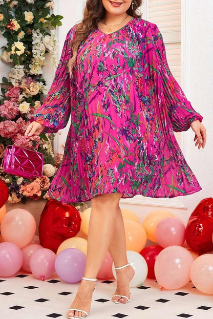 Rose Plus Size Abstract Floral Print Pleated Loose Dress - Love Salve