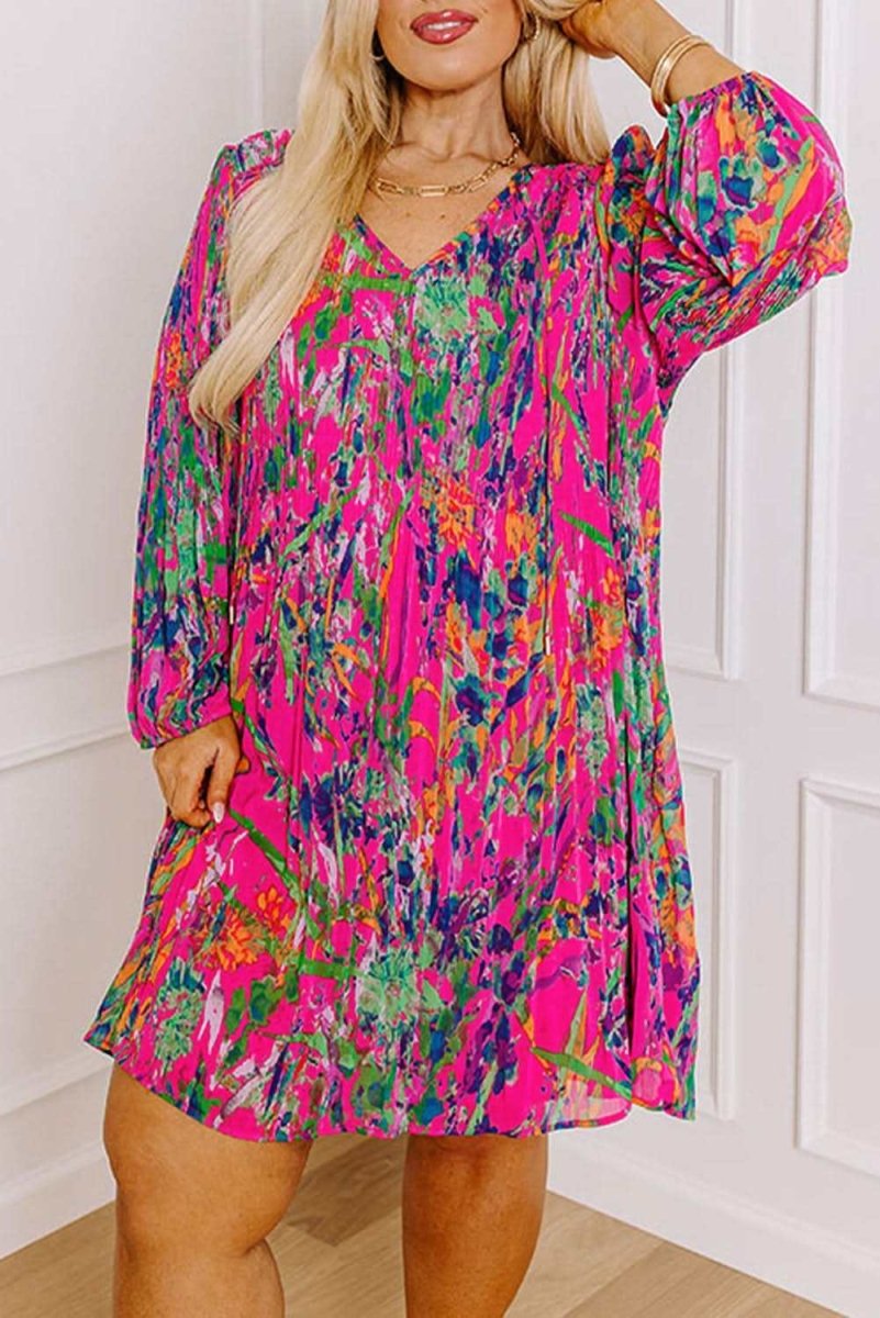 Rose Plus Size Abstract Floral Print Pleated Loose Dress - Love Salve
