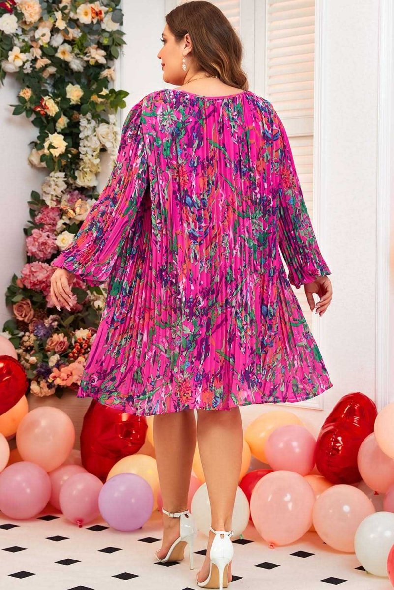 Rose Plus Size Abstract Floral Print Pleated Loose Dress - Love Salve