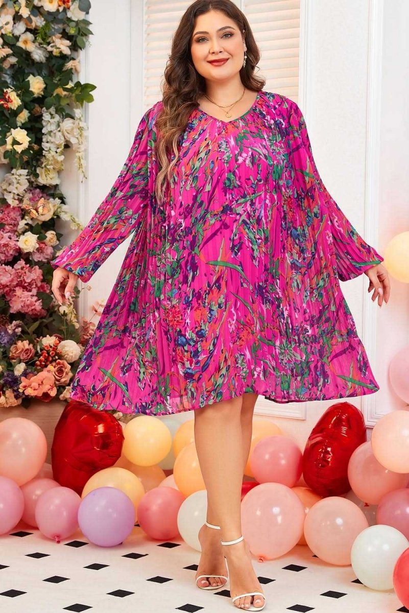 Rose Plus Size Abstract Floral Print Pleated Loose Dress - Love Salve