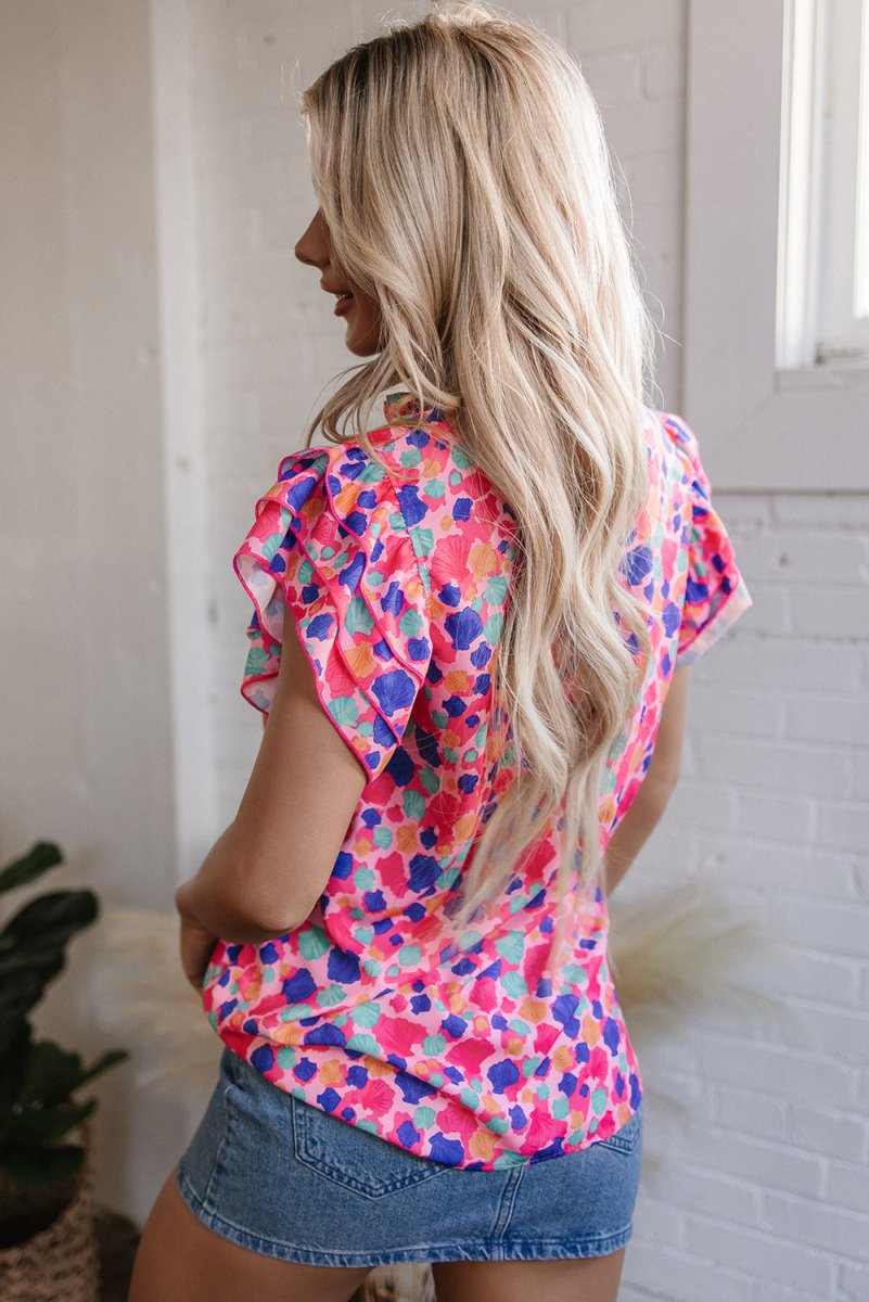 Rose Red Abstract Print Ruffled Sleeve V Neck Blouse for Women - Love Salve