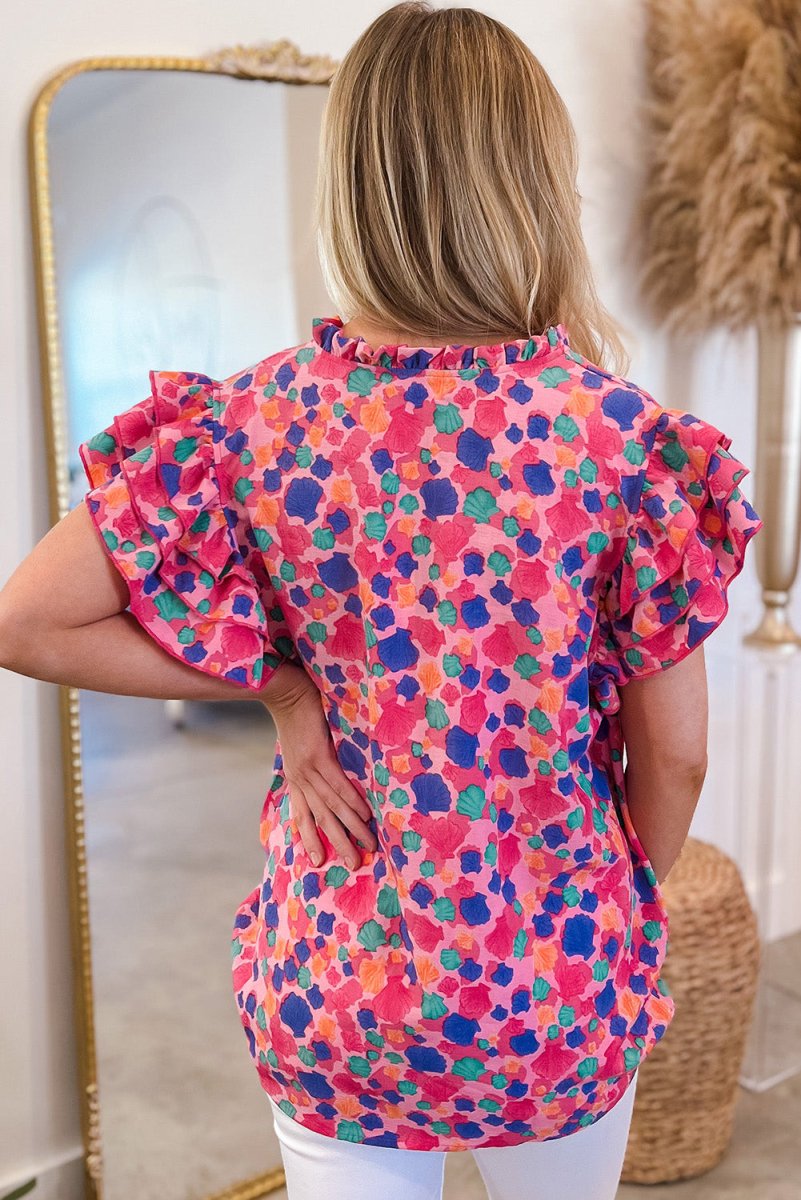 Rose Red Abstract Print Ruffled Sleeve V Neck Blouse for Women - Love Salve