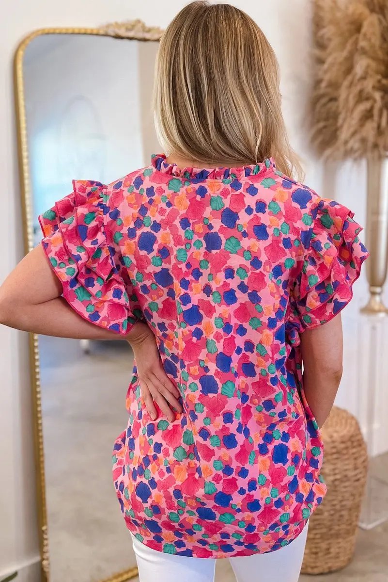 Rose Red Abstract Print Ruffled Sleeve V Neck Blouse for Women - Love Salve 