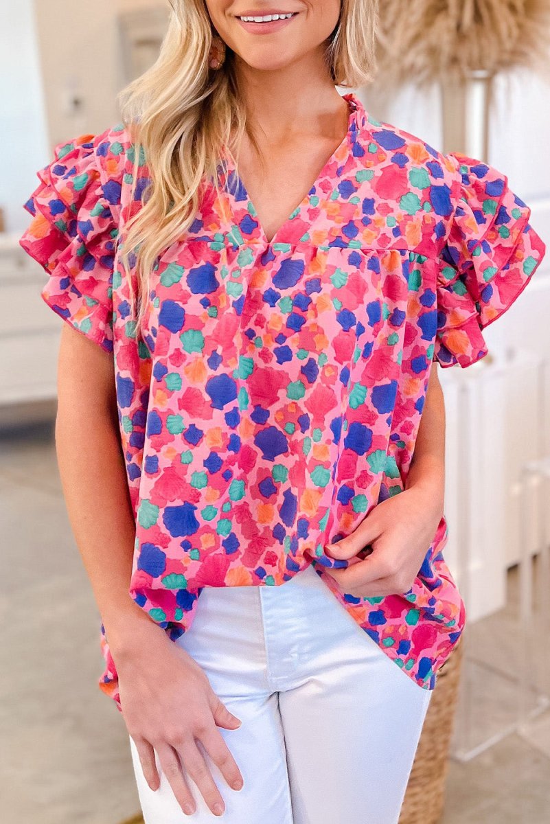 Rose Red Abstract Print Ruffled Sleeve V Neck Blouse for Women - Love Salve